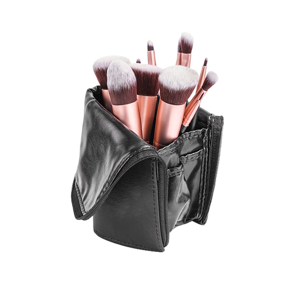 BOUBUI Black Leather Makeup Brush Bag Travel Makeup Brush Holder Waterproof Standing Zipper Cosmetic Brush Pouch