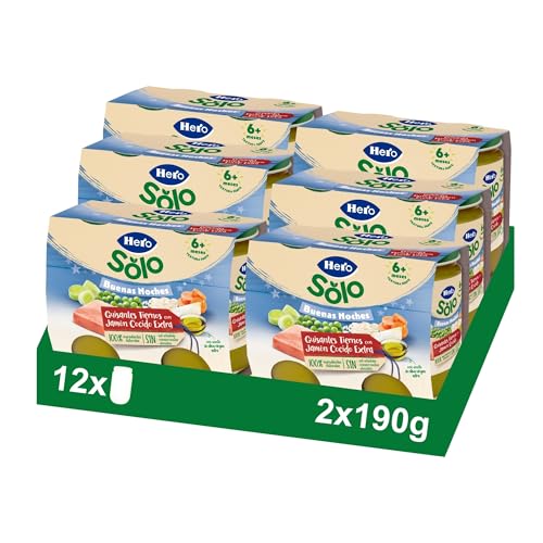 Hero Baby Buenas Noches - Tarritos de Guisantes Tiernos con Jamón Cocido, Sin Sal Añadida, Sin Almidón, Sin Aceite de Palma, Ingredientes 100% Naturales, 6 Packs de 2x190gr
