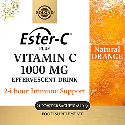 Solgar - Ester-C Plus Efervescente, Acción Rápida, 24horas de Apoyo Inmunológico, Vitamina C 1000mg, Sabor a Naranja Natural, Libre de cafeína, 21 sobres, Con azúcar y edulcorante