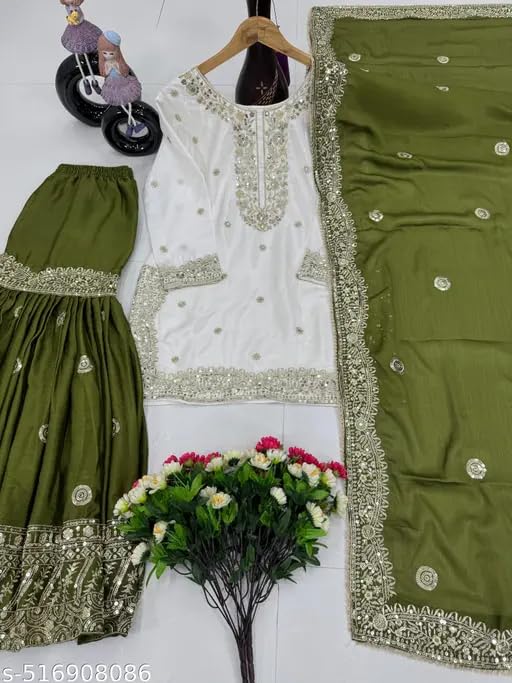 Image of Shishkala Women's Off-White Embroidered Kurta with Green Sharara & Dupatta Set - 3 /4 Sleeve, Round Neck, Above Knee Length | Party | Wedding