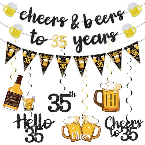 Black Gold 35th Birthday Decorations for Him Men Glitter Pre-Strung Cheers to 35 Years Banner Hello 35 Hanging Swirls Paper Triangle Flag Banner Decorations Bday Party Supplies Kit