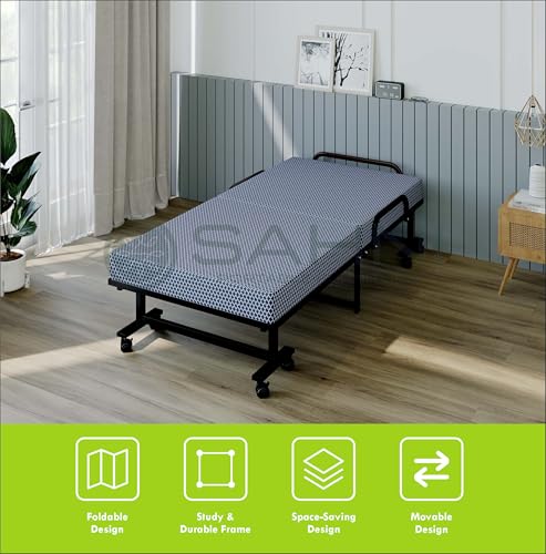 Image of SAHNI PORTABLE FURNITURE Rollaway Folding Single Bed with 4-inch Mattress Attached, Metal Frame, Lockable Wheels, 75x36 inch, Black