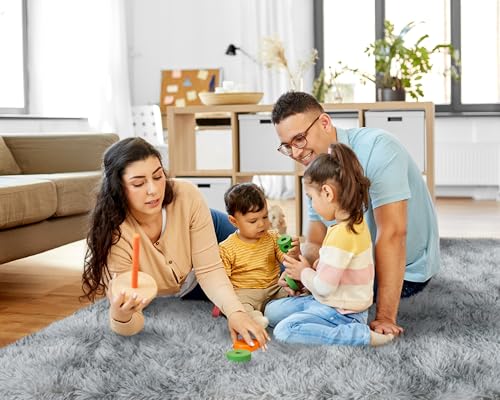 5x7 Rugs for Living Room, Large Fluffy Area Rugs for Bedroom, Soft Carpet Shag Kids Rug with 4 Non-Slip Rug Pads (Grey Tie-Dyed, 5ft x 7ft)