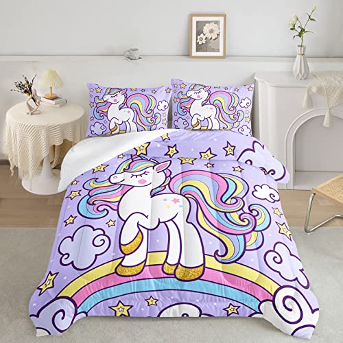 Image of Axolotl Rainbow Unicorn Bedding Set Queen,Purple Unicorn Kids Comforter Sets with Stars Cloud for Girls,1 Quilt with 2 Pillowcases for Girls Kids Teens Children Adults Bedroom Decor All Season