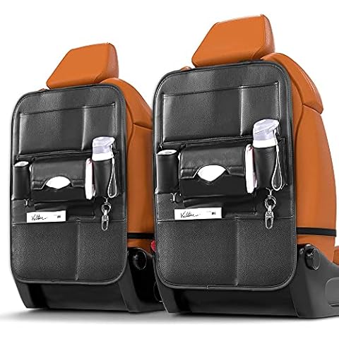 BackSeat Organizer,2 Pack PU Leather Premium Travel Accessories Car Seat Back Organizer Seat Protector Kick mats Back seat Protector and Cup Holder Holder Universal Use Seat Covers Black Cover