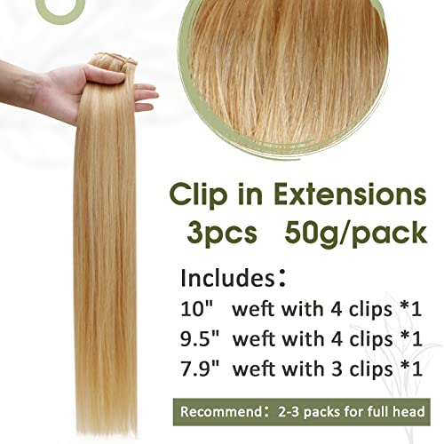 RUNATURE Clip in Hair Extensions Real Human Hair Blonde Highlight with Medium Blonde Clip Extensions Remy Human Hair 14 Inch 3 Pieces/50g #16/24 - Image 3