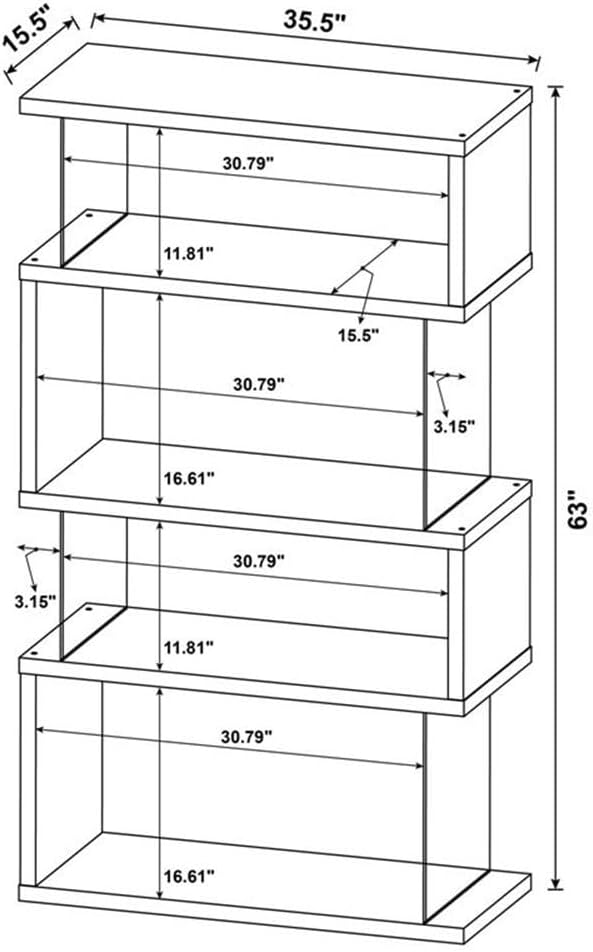 BOWERY HILL 4-Shelf Contemporary Wood Bookcase, Black Finish, Glass Side Panels, Zigzag Design, 63 in H x 35.5 in W x 15.5 in D, Modern Storage for Home Office or Living Room