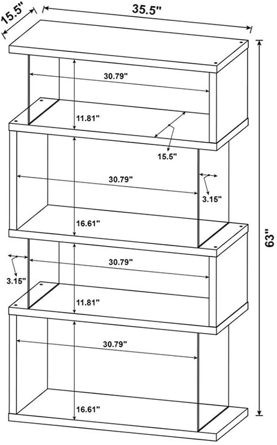 BOWERY HILL 4-Shelf Contemporary Wood Bookcase, Black Finish, Glass Side Panels, Zigzag Design, 63 in H x 35.5 in W x 15.5 in D, Modern Storage for Home Office or Living Room