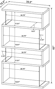 BOWERY HILL 4-Shelf Contemporary Wood Bookcase, Black Finish, Glass Side Panels, Zigzag Design, 63 in H x 35.5 in W x 15.5 in D, Modern Storage for Home Office or Living Room