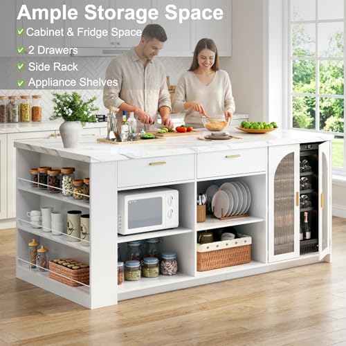 71" Modern Large Kitchen Island with Storage, White Faux Marble &…