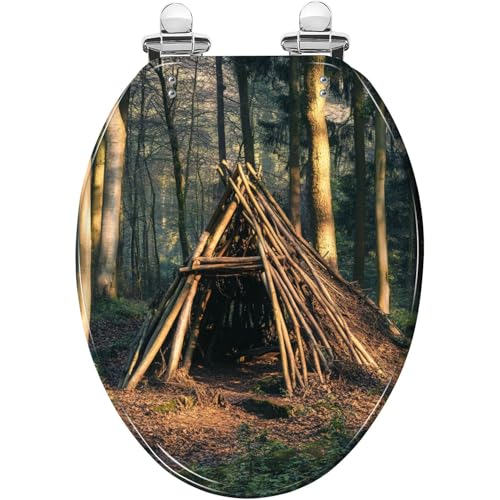 Elongated Toilet Seat Camping hut out tree branches forest sunny Spring afternoon Resin Toilet Seat Slow Quiet Close with Quick-Release Hinges Toilet Seat with Cover Easy to Clean Install