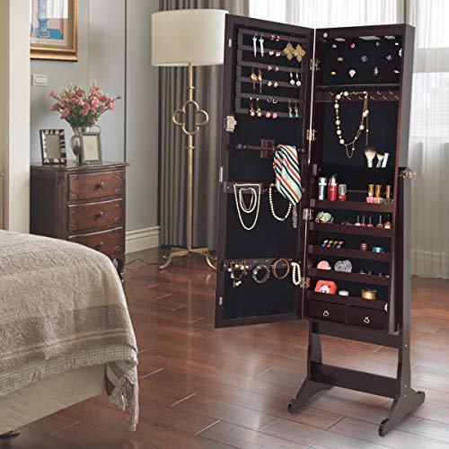 CHARMAID 2 LEDs Standing Jewelry Cabinet with Full Length Mirror, Lockable Mirrored Jewelry Armoire Organizer with Scarf/Bracelet Rod and 2 Drawers, Large Storage Capacity, 4 Adjustable Angle (Brown)