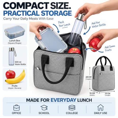 Image of Start Fount Lunch Bag for Office, School & College, Reusable Tiffin Carry Bag with Zipper & Front Pocket, Lightweight Lunch Organizer Bag for Men & Women, Grey
