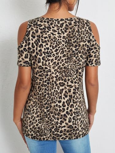 Image of RoseSeek Women's Camo Leopard Cold Shoulder T Shirts Summer Camouflage Tops