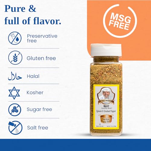 Image of Chef Paul Magic Seasoning Blends Lemon and Cracked Pepper Seasoning | Salt-Free | Bold Garlic & Black Pepper Flavor | No MSG | Perfect for Chicken, Seafood & Veggies | 7.7 Oz (Pack of 1)