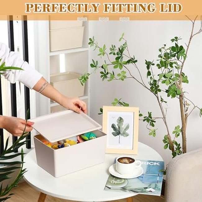 4 Pcs Storage Bins with Lids Plastic Containers Stackable Storage Box Baskets for Organizing Shelves(Beige, Small)