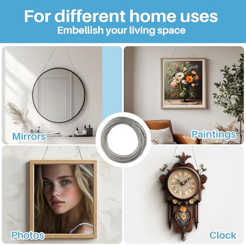 Image of 60pcs Picture Wire Hanging Kit - Maqihan Mirror Hanging Kit Picture Hanging Wire 100 Feet and Picture Frame Hangers D Rings with Screw and Aluminum Sleeves for Photos and Other Wall Hanging