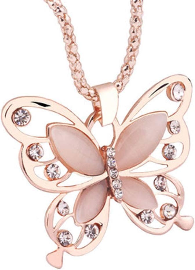 Fashion Womens Lady Rose Gold Opal Butterfly Pendant Necklace Sweater Chain Hot