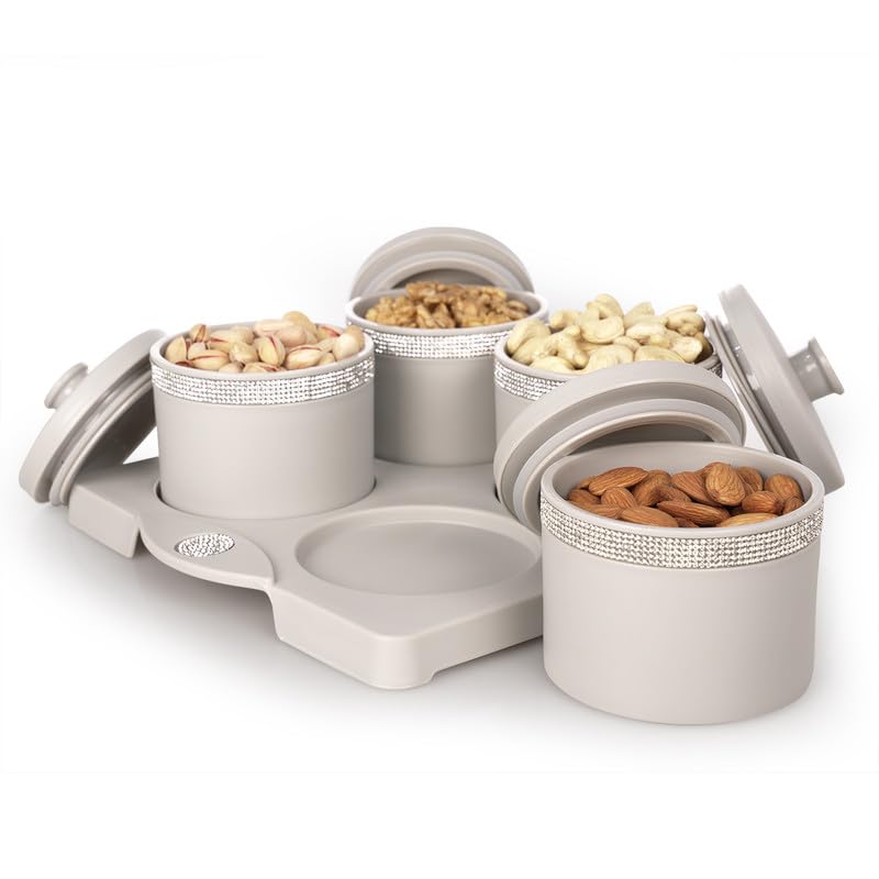 Image of Nayasa Sapphire Round Dry Fruit, 4 pcs Container Serving Tray Set | 450 ML Each | Multipurpose Serving Set | Premium Design | BPA Free | Food Grade | Air-Tight Lid | Snack Organizer Tray | Grey
