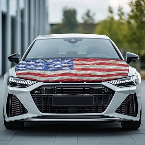 Image of American Flag Waterproof Car Cover Polyester Elastic Fabrics Patriotic Car Hood Cover Suitable for Auto Car Truck, Van, SUV, Pickup