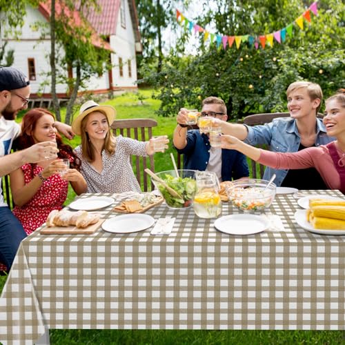 Image of 12 Pack Brown and White Plastic Checkered Tablecloth, Premium Decorative Disposable Tan Gingham Plaid Table Cloths for Parties, Rectangle Party Table Cover for Picnic Farm Birthday Fall, 54x108 Inch