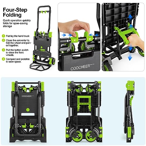 Image of Heavy Duty 330lbs Folding Hand Truck, 2 in 1 Alu Foldable Dolly, Green | Portable Folding Hand Cart, Converts to 2 & 4 Wheel Platform Truck with 5 inch Solid Rubber Wheels, 3-Gear Handle for Moving