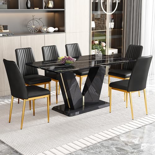 Marble Dining Table Set for 6,7 Piece Dining Table Set,63" Rectan...