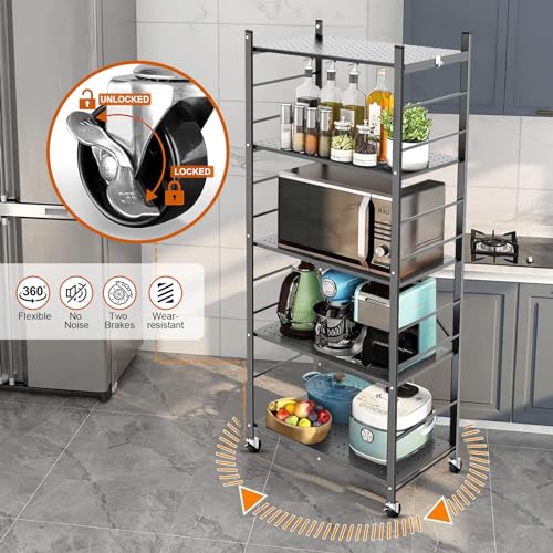 Image of Himix 5-Tier Foldable Storage Shelves with 20 Hooks Wheels Grey Display | Folding shelving units, Metal collapsible organization, Wire shelf, No assembly, Bookshelf, Kitchen, Home rack, Holds 440 Ibs