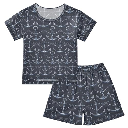 ALAZA Colorful Anchor Dark Blue Pajamas Set Short Sleeve Cotton Sleepwear Summer Pjs 2 Piece 5-14Y