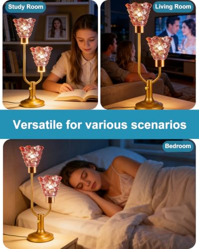 Image of Lightdot Mid Century Modern Glass Table Lamp Dimmable Vintage Pink Lamp | Nightstand Lamp Gold Desk Lamp 2 Bulbs Included 3000K Warmwhite Ambient Bedside Lamps for Bedroom Living Room Home Decor Gift