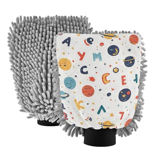 Cartoon Outer Planets Alphabet White Wash Mitt Microfiber 2 Pack Car Mitts for Washing Scratch-Free Detailing Sponge for Auto Supplies