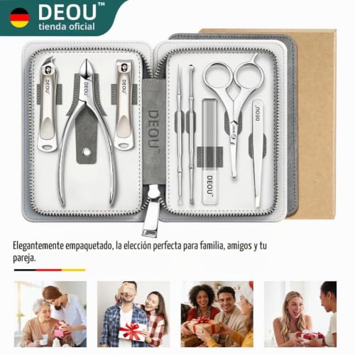 Vista 6 de DEOU — Juego de Manicura Prémium 8 en 1, Kit de Pedicura de Acero Inoxidable 420J2 con Funda de Cuero de Lujo