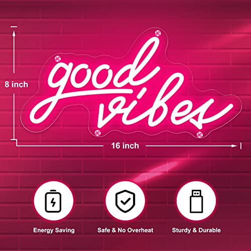 Pink Good Vibes Neon Sign, Neon Lights for Bedroom, USB Powered LED Neon Signs for Wall Decor - 16 x 8 inch - Thumbnail 2