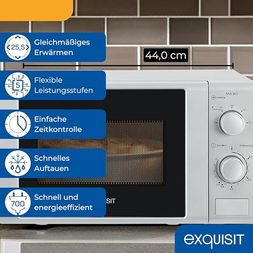 Exquisit Mikrowelle 20L, 700 Watt, Einfache Bedienung, 25,5cm Drehteller, 5 Leistungsstufen, Timer, Auftaufunktion, 2 Drehregler, MW 802 silber – Bild 5