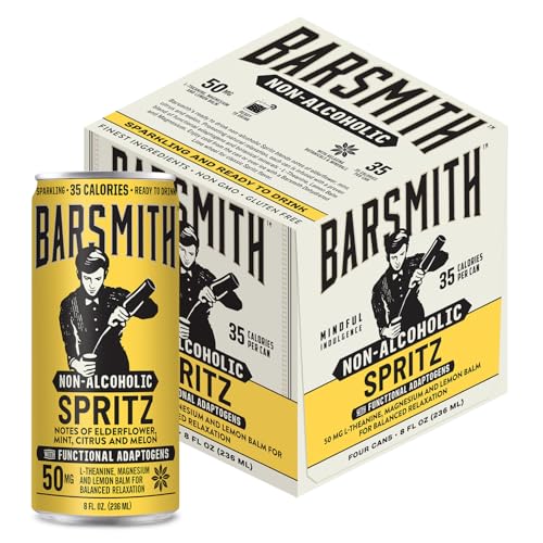 Barsmith Sparkling Non-Alcoholic Spritz, 4 Pack (8 fl oz Cans) 35 Calories - Infused w/Notes of Elderflower, Mint, Citrus, Melon & Functional Adaptogens - Gluten Free, Non-GMO, Ready-To-Drink Beverage