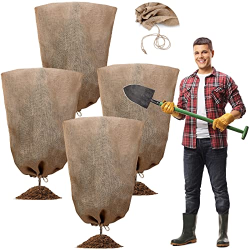 Woanger 4 Pcs 40 x 56 Inch Burlap Winter Plant Cover Bags Reusable Warm Large Plant Frost Protector...