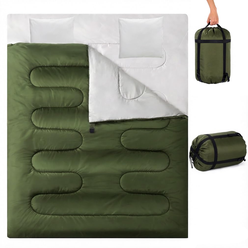 Double Sleeping Bag, Extra Large 3-4 Season Lightweight,Waterproof Indoor & Outdoor Use for Adults & Kids, Premium Sleeping bag for Hiking, Backpacking and Camping (Green)