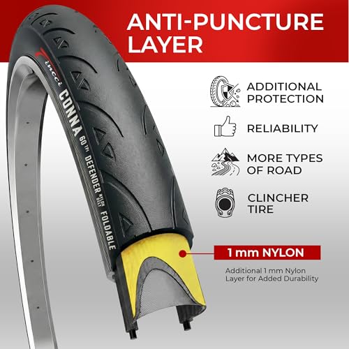 Fincci 700x25c Tire – Road Bike Tires 25-622 with 1 mm Nylon Anti Puncture – Black 700c Bike Tire Puncture Proof with Kevlar for Racing, Hybrid, Folding Bicycles – Flatless Bike Tires 28 inch