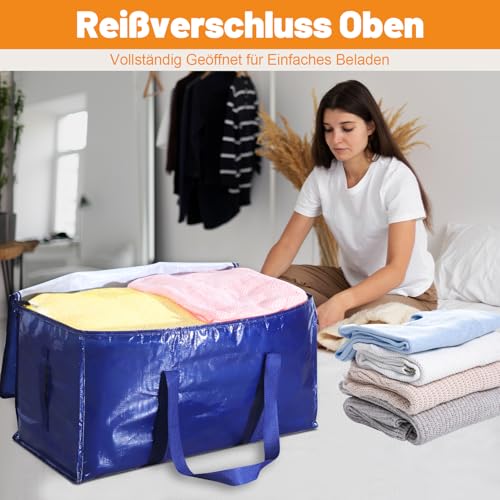 Dntorx 4 Stück 90L Große Aufbewahrungstasche mit Deckel, Faltbare Umzugskartons Groß mit Reißverschluss Griff Kleideraufbewahrung Umzugstaschen für Umzug Camping Bettwäsche Kleidung Aufbewahrung, Blau