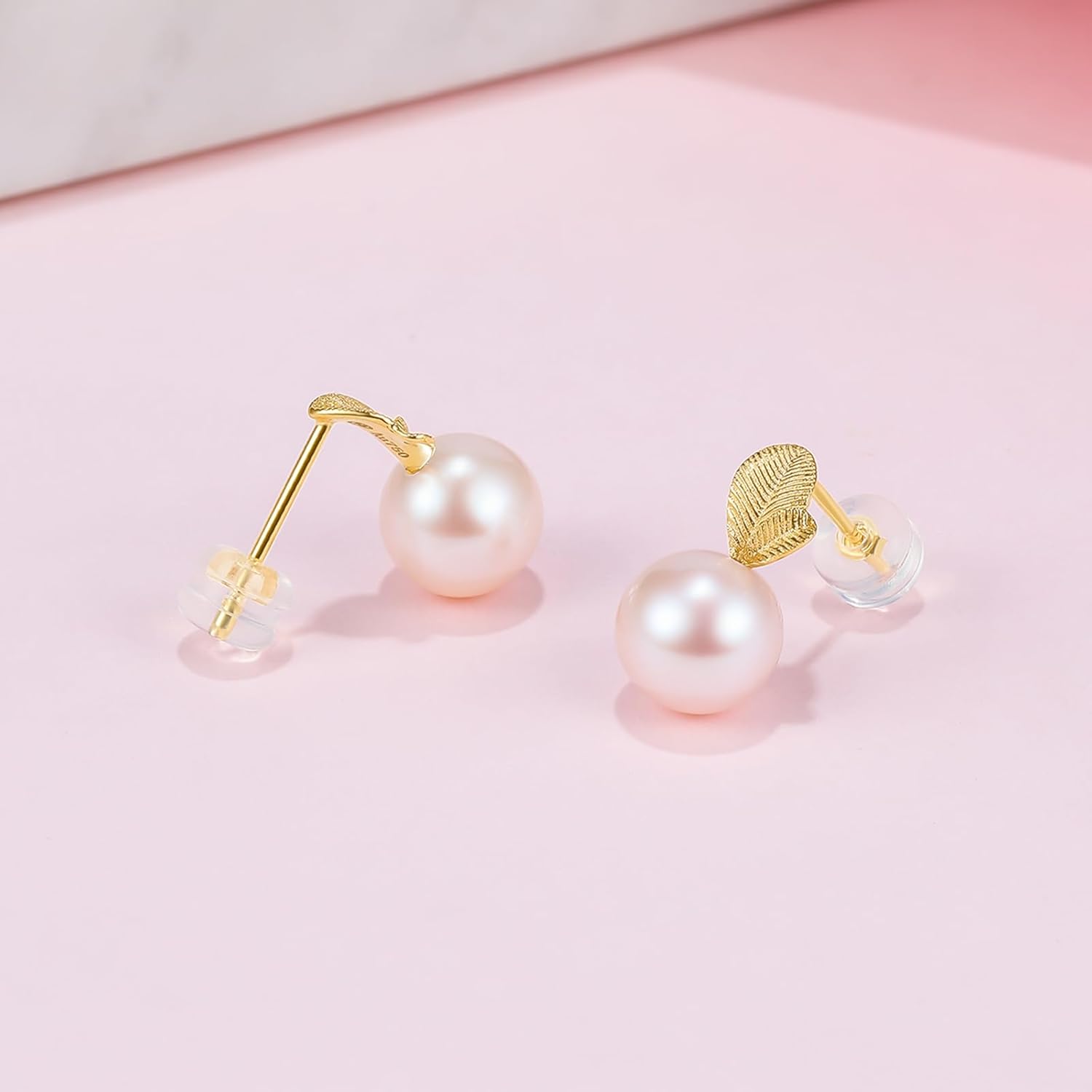 18K Gold Earrings Pearl Drop Earrings Studs Yellow Gold Women Stud Earrings Leaf Studs for Women Her KHPB095120
