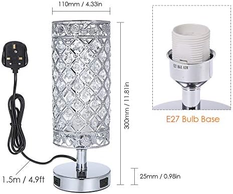 Tomshine Crystal Bedside Table Lamp with Dual USB,Modern Sliver Light E27 Glitter Lampshade with 2 USB Port Bedroom Nightstand Light for Bedroom,Living Room,Guest Room LT070