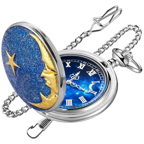 Image of Tiong Silver Pocket Watch with Chain, Blue Starry Sky Dial, Golden Moon & Star Design Pocket Watches for Men Woman with Chain