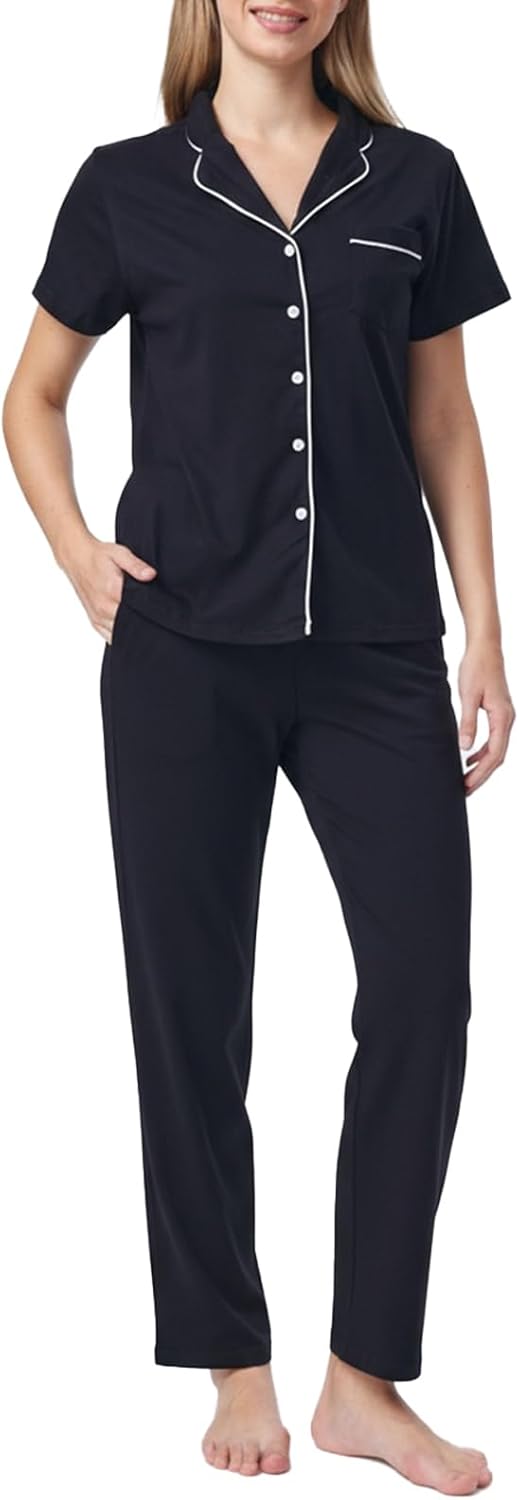 Women's Petite Cotton Pajama Set Short Sleeve Button Up Pjs with Short Inseam Pants & Pockets 2-Piece Lounge Set
