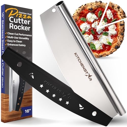 16″ Pizza Cutter Rocker by KitchenStar – Razor Sharp Stainless Steel Slicer Knife with Blade Cover, Large + Dishwasher Safe – Premium Pizza Oven Accessories