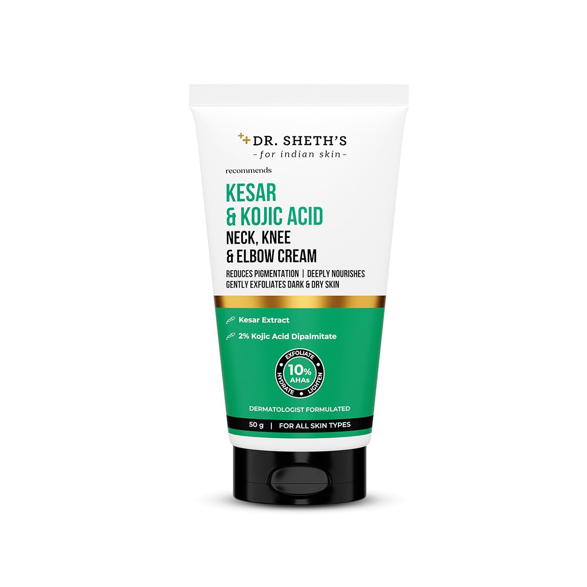 Dr. Sheth's Kesar & Kojic Acid Neck, Knee & Elbow Cream | Clinically Tested | Helps To Reduce Pigmentation | 10% AHAs+2% Kojic Acid+Urea | For Dark Neck, Ankles, Knuckles, Knees, Thighs & Elbows | 50g