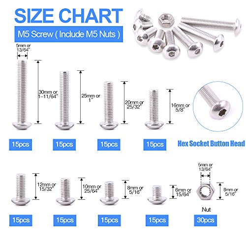 Glarks 150Pcs M5 Stainless Steel Button Head Hex Socket Head Cap Bolts Screws Nuts Assortment Kit #TOP1