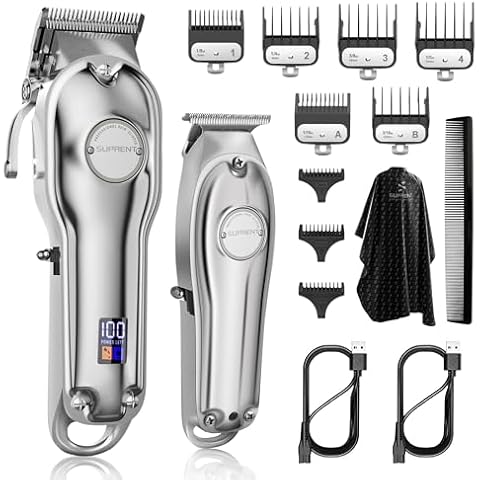 SUPRENT® PRO Professional Hair Clippers for Men- Hair Cutting Kit & Zero Gap T-Blade Trimmer Combo- Cordless Barber Clipper Set with LED Display for Mens Gifts (Silver) Cover