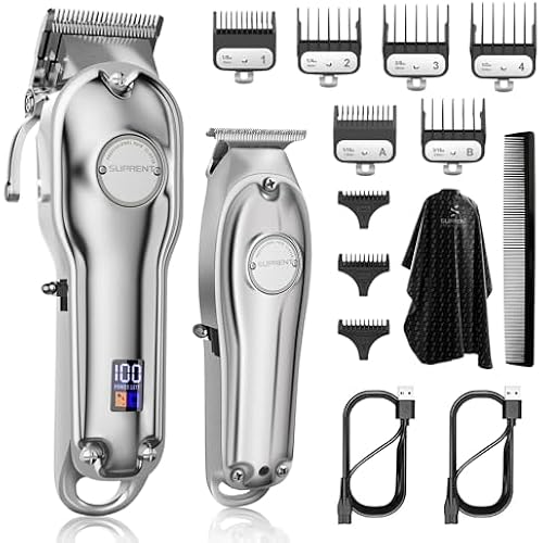 SUPRENT® PRO Professional Hair Clippers for Men- Hair Cutting Kit & Zero Gap T-Blade Trimmer Combo- Cordless Barber Clipper Set with LED Display for Mens Gifts (Silver)