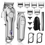 SUPRENT Professional Hair Clippers for Men - Hair Cutting Kit & Zero Gap T-Blade Trimmer Combo - Cordless Barber Clipper Set with LED Display (Silver)