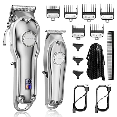 SUPRENT® PRO Professional Hair Clippers for Men- Hair Cutting Kit & Zero Gap T-Blade Trimmer Combo- Cordless Barber Clipper Set with LED Display for Mens Gifts (Silver)